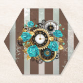 Steampunk Clock- en Turquoise-Rozen op gestreept Kartonnen Onderzetters (Voorkant)