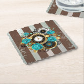 Steampunk Clock- en Turquoise-Rozen op gestreept Kartonnen Onderzetters (Gebogen)