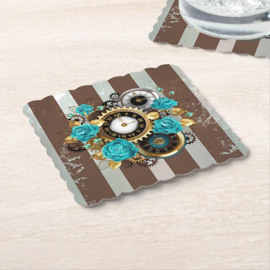 Steampunk Clock- en Turquoise-Rozen op gestreept Kartonnen Onderzetters (Gebogen)