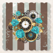 Steampunk Clock- en Turquoise-Rozen op gestreept Kartonnen Onderzetters (Voorkant)
