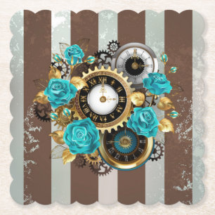 Steampunk Clock- en Turquoise-Rozen op gestreept Kartonnen Onderzetters