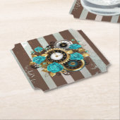 Steampunk Clock- en Turquoise-Rozen op gestreept Kartonnen Onderzetters (Gekanteld)