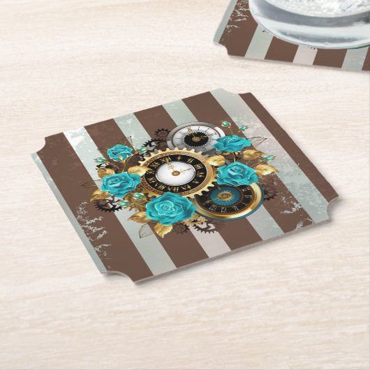 Steampunk Clock- en Turquoise-Rozen op gestreept Kartonnen Onderzetters (Gekanteld)
