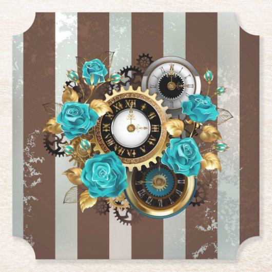 Steampunk Clock- en Turquoise-Rozen op gestreept Kartonnen Onderzetters (Voorkant)