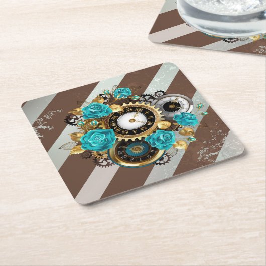 Steampunk Clock- en Turquoise-Rozen op gestreept Kartonnen Onderzetters (Schuin)