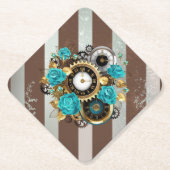 Steampunk Clock- en Turquoise-Rozen op gestreept Kartonnen Onderzetters (Voorkant)