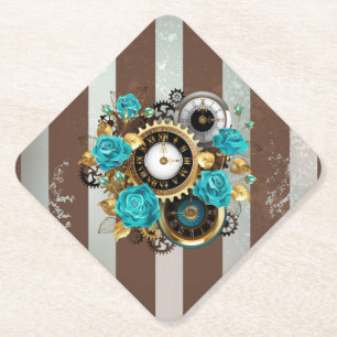 Steampunk Clock- en Turquoise-Rozen op gestreept Kartonnen Onderzetters