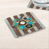 Steampunk Clock- en Turquoise-Rozen op gestreept Kartonnen Onderzetters (Gebogen)