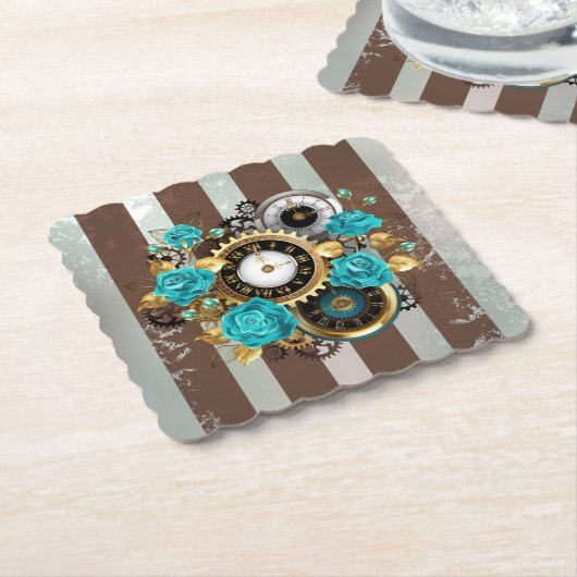 Steampunk Clock- en Turquoise-Rozen op gestreept Kartonnen Onderzetters (Gebogen)