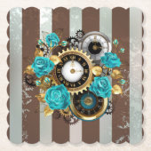 Steampunk Clock- en Turquoise-Rozen op gestreept Kartonnen Onderzetters (Voorkant)