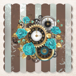 Steampunk Clock- en Turquoise-Rozen op gestreept Kartonnen Onderzetters