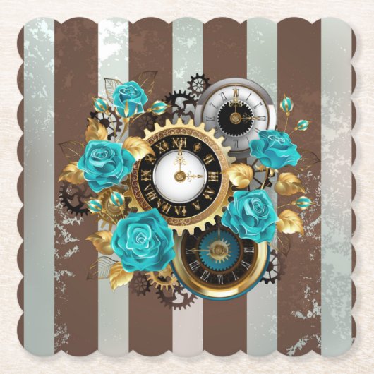 Steampunk Clock- en Turquoise-Rozen op gestreept Kartonnen Onderzetters (Voorkant)