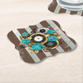 Steampunk Clock- en Turquoise-Rozen op gestreept Kartonnen Onderzetters (Gekanteld)