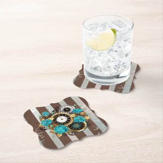 Steampunk Clock- en Turquoise-Rozen op gestreept Kartonnen Onderzetters (Insitu)