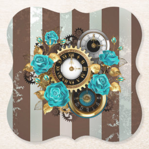Steampunk Clock- en Turquoise-Rozen op gestreept Kartonnen Onderzetters