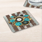 Steampunk Clock- en Turquoise-Rozen op gestreept Kartonnen Onderzetters (Schuin)