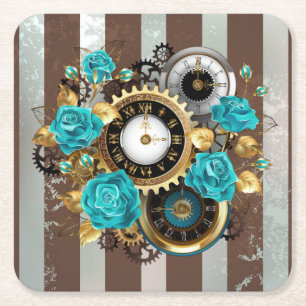 Steampunk Clock- en Turquoise-Rozen op gestreept Kartonnen Onderzetters