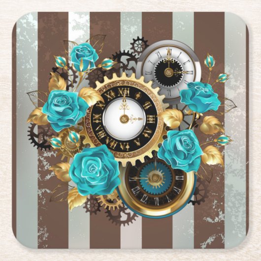 Steampunk Clock- en Turquoise-Rozen op gestreept Kartonnen Onderzetters (Voorkant)