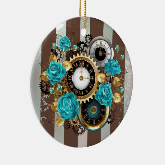Steampunk Clock- en Turquoise-Rozen op gestreept Keramisch Ornament (Rechts)