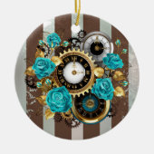 Steampunk Clock- en Turquoise-Rozen op gestreept Keramisch Ornament (Voorkant)