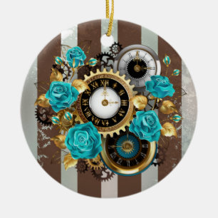 Steampunk Clock- en Turquoise-Rozen op gestreept Keramisch Ornament