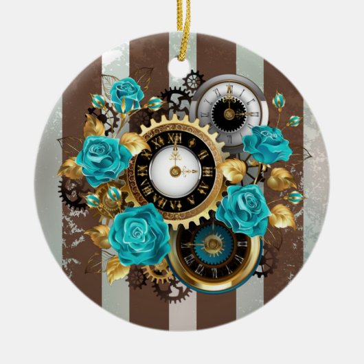 Steampunk Clock- en Turquoise-Rozen op gestreept Keramisch Ornament (Voorkant)