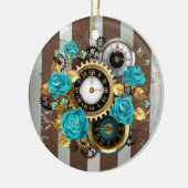 Steampunk Clock- en Turquoise-Rozen op gestreept Keramisch Ornament (Links)