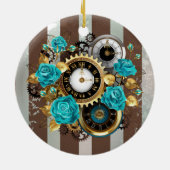 Steampunk Clock- en Turquoise-Rozen op gestreept Keramisch Ornament (Achterkant)