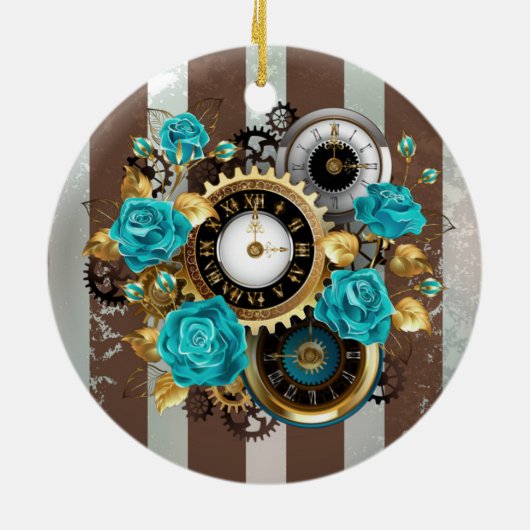 Steampunk Clock- en Turquoise-Rozen op gestreept Keramisch Ornament (Achterkant)