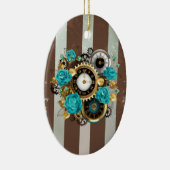 Steampunk Clock- en Turquoise-Rozen op gestreept Keramisch Ornament (Rechts)