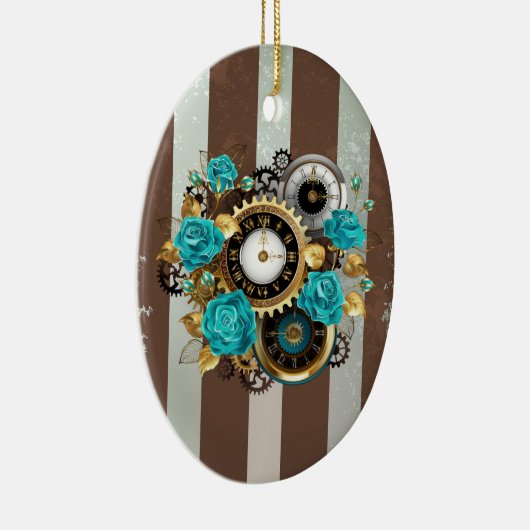 Steampunk Clock- en Turquoise-Rozen op gestreept Keramisch Ornament (Rechts)