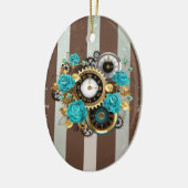 Steampunk Clock- en Turquoise-Rozen op gestreept Keramisch Ornament (Links)
