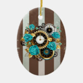 Steampunk Clock- en Turquoise-Rozen op gestreept Keramisch Ornament (Voorkant)
