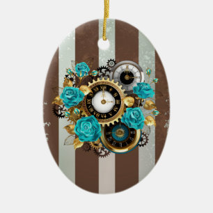 Steampunk Clock- en Turquoise-Rozen op gestreept Keramisch Ornament
