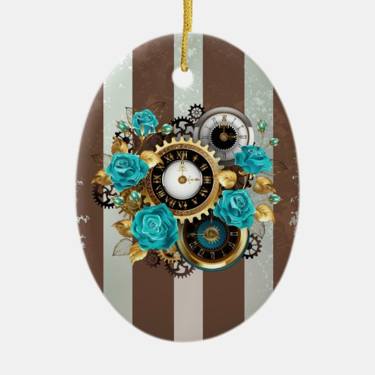 Steampunk Clock- en Turquoise-Rozen op gestreept Keramisch Ornament (Voorkant)
