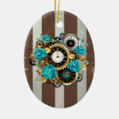 Steampunk Clock- en Turquoise-Rozen op gestreept Keramisch Ornament (Achterkant)