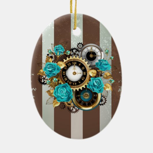 Steampunk Clock- en Turquoise-Rozen op gestreept Keramisch Ornament (Achterkant)