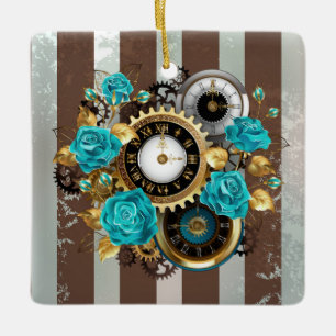 Steampunk Clock- en Turquoise-Rozen op gestreept Keramisch Ornament
