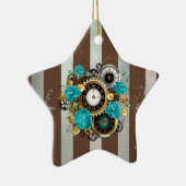 Steampunk Clock- en Turquoise-Rozen op gestreept Keramisch Ornament (Rechts)