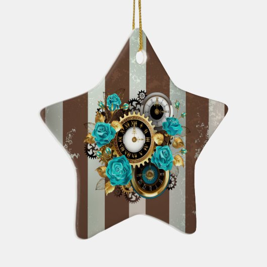 Steampunk Clock- en Turquoise-Rozen op gestreept Keramisch Ornament (Rechts)
