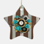 Steampunk Clock- en Turquoise-Rozen op gestreept Keramisch Ornament (Voorkant)
