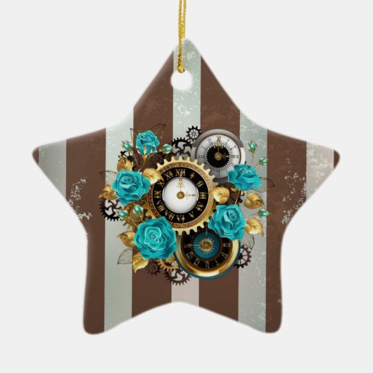 Steampunk Clock- en Turquoise-Rozen op gestreept Keramisch Ornament (Voorkant)