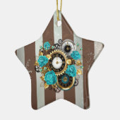 Steampunk Clock- en Turquoise-Rozen op gestreept Keramisch Ornament (Links)