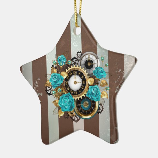 Steampunk Clock- en Turquoise-Rozen op gestreept Keramisch Ornament (Links)