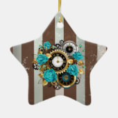 Steampunk Clock- en Turquoise-Rozen op gestreept Keramisch Ornament (Achterkant)