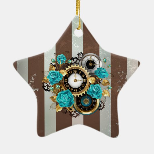 Steampunk Clock- en Turquoise-Rozen op gestreept Keramisch Ornament (Achterkant)