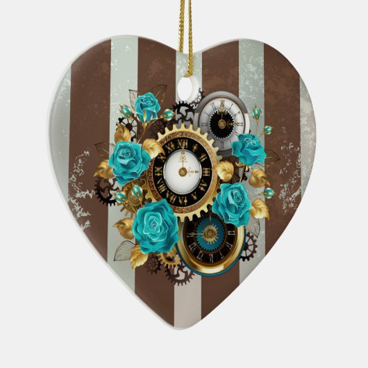 Steampunk Clock- en Turquoise-Rozen op gestreept Keramisch Ornament (Rechts)