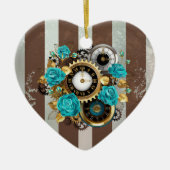 Steampunk Clock- en Turquoise-Rozen op gestreept Keramisch Ornament (Voorkant)