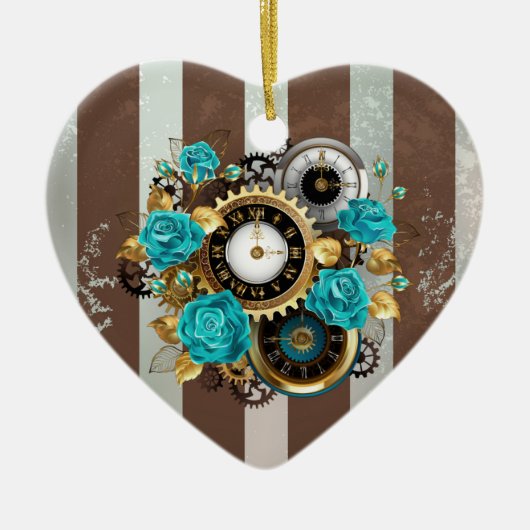 Steampunk Clock- en Turquoise-Rozen op gestreept Keramisch Ornament (Voorkant)