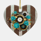 Steampunk Clock- en Turquoise-Rozen op gestreept Keramisch Ornament (Achterkant)